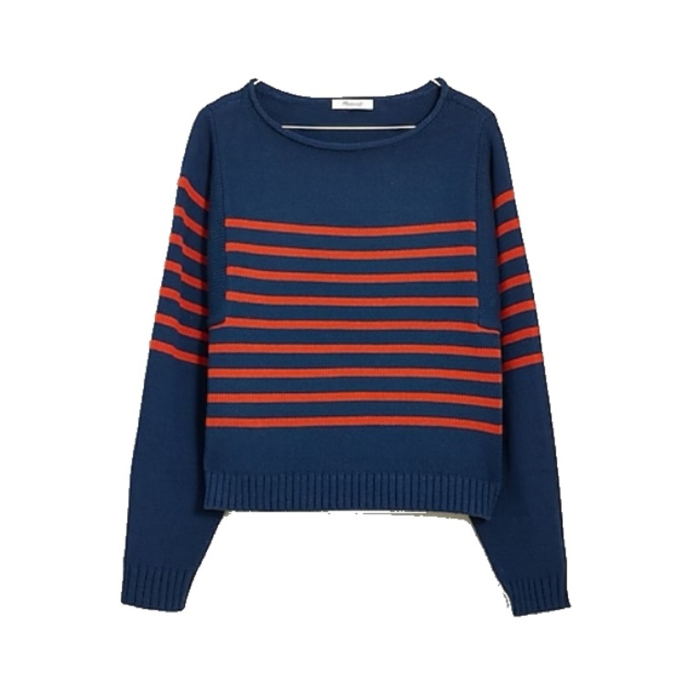 Madewell rolled neck crew sweater in stripe- navy and red, small, 100% cotton
